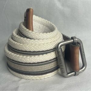 American Eagle Woven Belt Size L/XL White Beige Brown Leather Ends Slide Lock